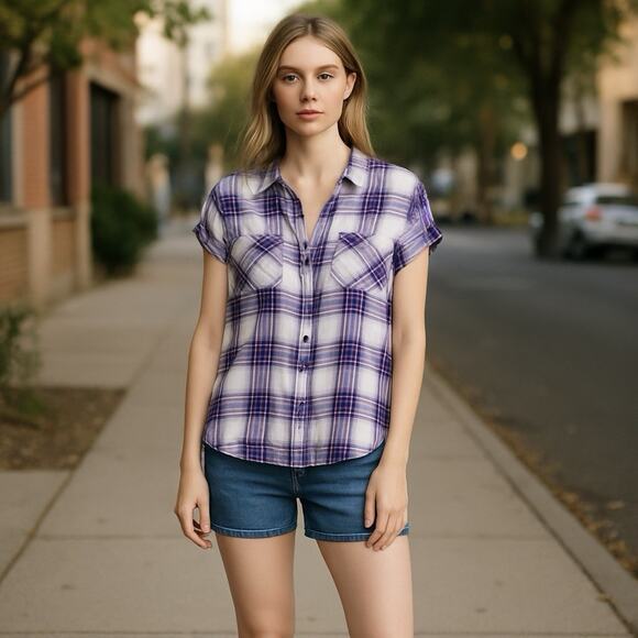 Rails Britt Plaid Button Up Shirt Women XS Cap Short Sleeve Blue White Western - Picture 1 of 13